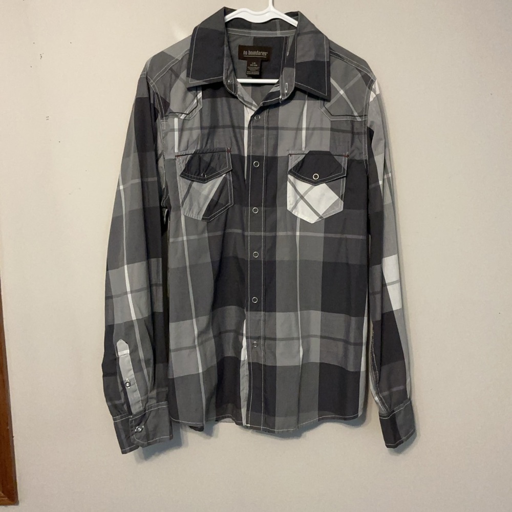 No Boundaries Charcoal and Light Gray Plaid Shirt